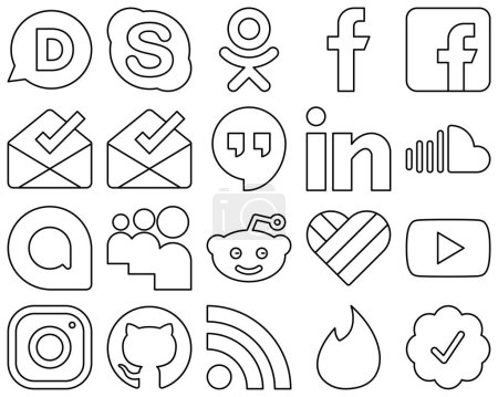 Illustration for 20 High-Quality Black Outline Social Media Icons such as likee. myspace. google hangouts. google allo and sound icons. Fully editable and unique - Royalty Free Image