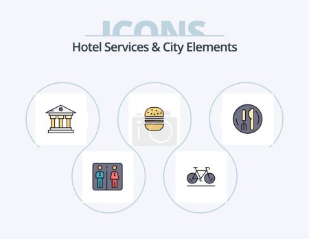 Téléchargez les illustrations : Hotel Services And City Elements Line Filled Icon Pack 5 Icon Design. stair. shopping. city. handbag. public - en licence libre de droit