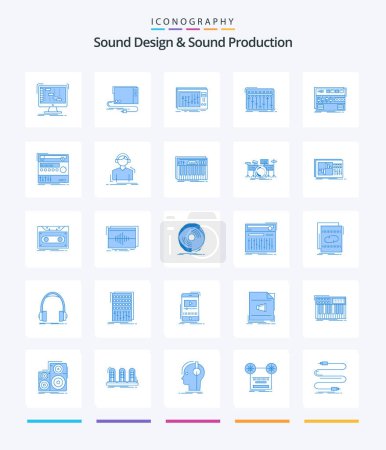 Illustration for Creative Sound Design And Sound Production 25 Blue icon pack  Such As module. audio. interface. studio. mixer - Royalty Free Image
