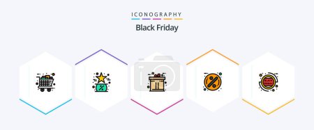 Téléchargez les illustrations : Black Friday 25 FilledLine icon pack including sale discount. discount. like. badge. gift - en licence libre de droit