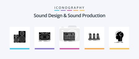 Téléchargez les illustrations : Sound Design And Sound Production Glyph 5 Icon Pack Including lamp. amplifier. tape. sound. keys. Creative Icons Design - en licence libre de droit