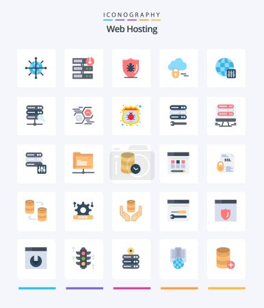 Illustration for Creative Web Hosting 25 Flat icon pack  Such As server settings. world. programing. server. cloud - Royalty Free Image
