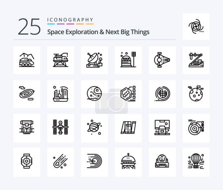 Téléchargez les illustrations : Space Exploration And Next Big Things 25 Line icon pack including dome. colony. platform. base. satellite - en licence libre de droit