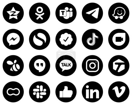Illustration for 20 Premium White Social Media Icons on Black Background such as video. tiktok. twitter verified badge and fb icons. Creative and professional - Royalty Free Image