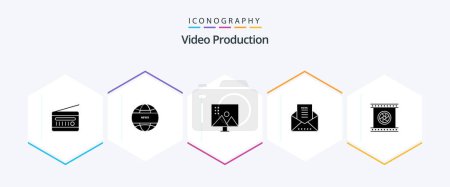 Illustration for Video Production 25 Glyph icon pack including newsletter. email document. email. photo editing - Royalty Free Image