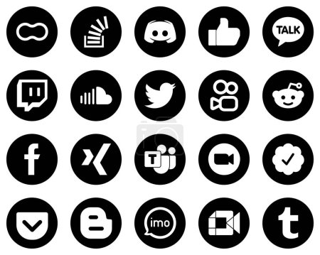 Téléchargez les illustrations : 20 Professional White Social Media Icons on Black Background such as music. soundcloud. message. twitch and facebook icons. Eye-catching and high-quality - en licence libre de droit
