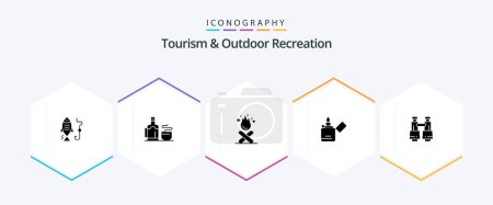 Illustration for Tourism And Outdoor Recreation 25 Glyph icon pack including field glasses. zippo. bonfire. smoking. fire - Royalty Free Image