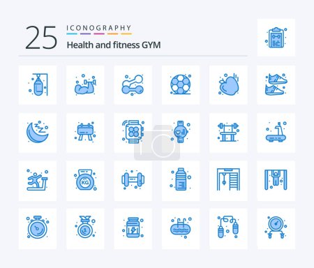 Illustration for Gym 25 Blue Color icon pack including shoe. clothing. weightlifting. apple. gym - Royalty Free Image