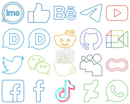Illustration for 20 Minimalist Colourful Outline Social Media Icons such as google meet. messenger. github and disqus High-definition and editable - Royalty Free Image
