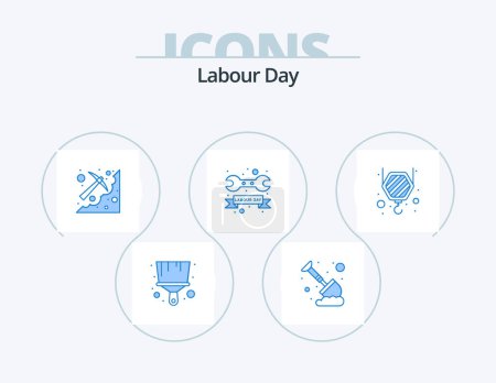 Illustration for Labour Day Blue Icon Pack 5 Icon Design. construction. wrench. digging. tool. badge - Royalty Free Image