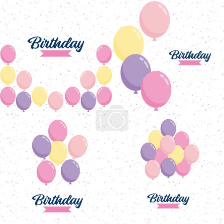 Illustration for Happy Birthday text with a hand-drawn. cartoon style and colorful balloon illustrations - Royalty Free Image