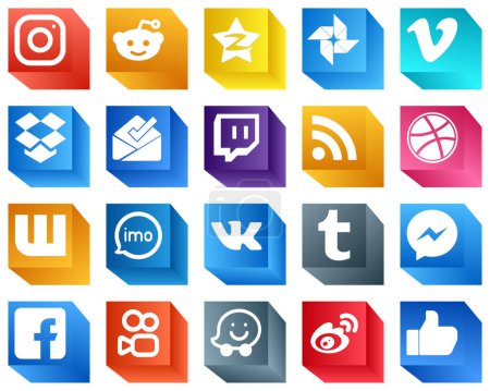 Illustration for 20 3D Icons of Major Social Media Platforms such as imo. dribbble. vimeo. feed and twitch icons. Creative and high-resolution - Royalty Free Image