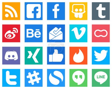 Illustration for 20 Professional Social Media Icons such as women; peanut; sina; video and inbox icons. Fully customizable and professional - Royalty Free Image