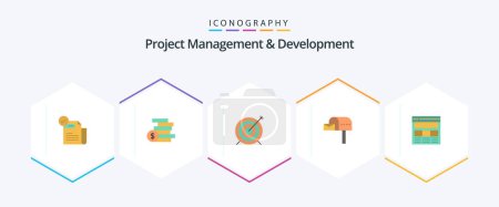 Illustration for Project Management And Development 25 Flat icon pack including box. email. ghold. letter box. goal - Royalty Free Image