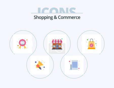 Téléchargez les illustrations : Shopping And Commerce Flat Icon Pack 5 Icon Design. storehouse. shop. award. outlet. offer - en licence libre de droit