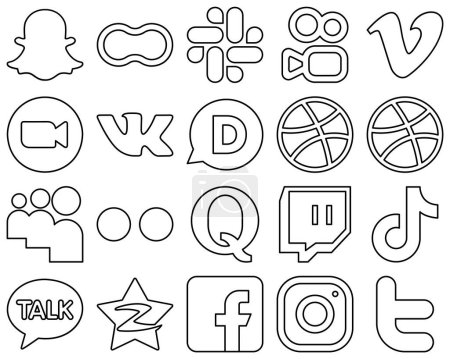 Illustration for 20 Unique Black Line Social Media Icons such as yahoo. myspace. zoom. dribbble and vk icons. Elegant and minimalist - Royalty Free Image
