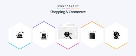 Téléchargez les illustrations : Shopping And Commerce 25 Glyph icon pack including bag. shop. search. location. mathematics - en licence libre de droit