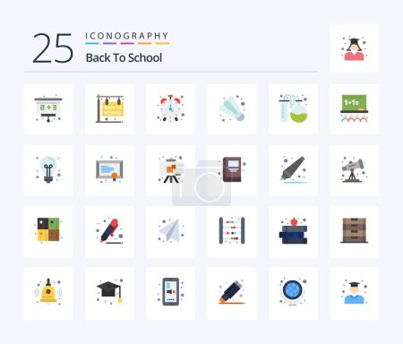 Téléchargez les illustrations : Back To School 25 Flat Color icon pack including education. flask tube. clock. lab. game - en licence libre de droit