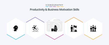 Téléchargez les illustrations : Productivity And Business Motivation Skills 25 Glyph icon pack including businessman. accomplished. escape. olympic. leader - en licence libre de droit