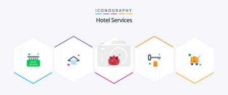 Illustration for Hotel Services 25 Flat icon pack including cart. tag. towel. room. spa bath - Royalty Free Image