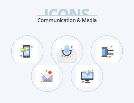 Téléchargez les illustrations : Communication And Media Flat Icon Pack 5 Icon Design. photo. sound recorder. message. record. mic - en licence libre de droit