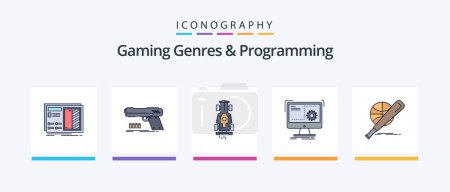 Téléchargez les illustrations : Gaming Genres And Programming Line Filled 5 Icon Pack Including clock. play. coding. machine. console. Creative Icons Design - en licence libre de droit
