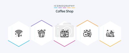 Téléchargez les illustrations : Coffee Shop 25 Line icon pack including measuring spoon. coffee. break. sign board. cup - en licence libre de droit