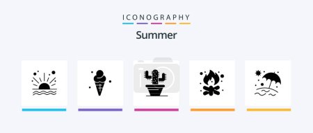 Illustration for Summer Glyph 5 Icon Pack Including umbrella. fire. cactus. campfire. bonfire. Creative Icons Design - Royalty Free Image