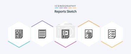 Téléchargez les illustrations : Reports Sketch 25 Line icon pack including page. data. page. report. paper - en licence libre de droit