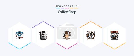 Téléchargez les illustrations : Coffee Shop 25 FilledLine icon pack including cafe. sign. break. shop. barista - en licence libre de droit