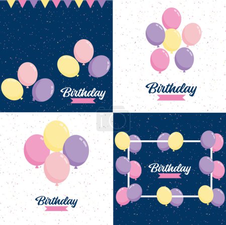 Illustration for Happy Birthday text with a 3D. glossy finish and abstract shapes - Royalty Free Image