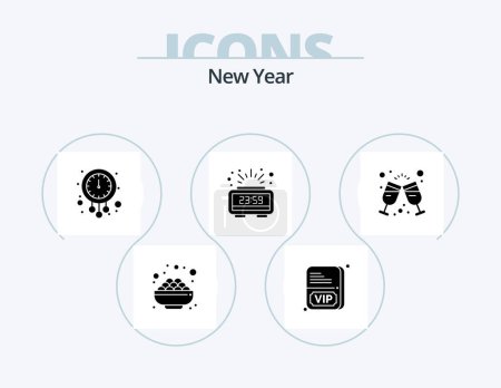 Téléchargez les illustrations : New Year Glyph Icon Pack 5 Icon Design. wine glass. time. midnight. new year. clock - en licence libre de droit