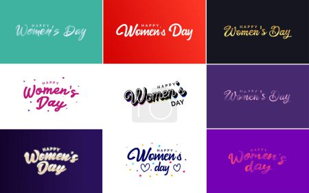 Téléchargez les illustrations : Happy Woman's Day handwritten lettering set March 8th modern calligraphy collection on white background. suitable for greeting or invitation cards. festive tags. and posters - en licence libre de droit