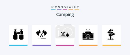 Téléchargez les illustrations : Camping Glyph 5 Icon Pack Including photography. pines. tool. tree. camping. Creative Icons Design - en licence libre de droit