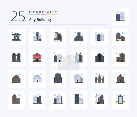 Téléchargez les illustrations : City Building 25 Flat Color icon pack including building. house. building. building. place - en licence libre de droit