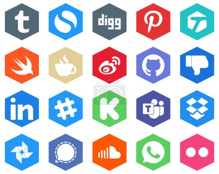 Illustration for 20 Unique White Icons professional. facebook and dislike Hexagon Flat Color Backgrounds - Royalty Free Image