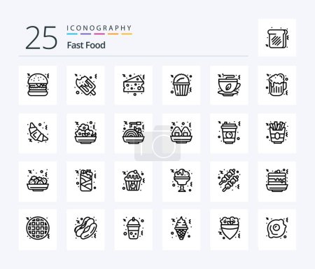 Téléchargez les illustrations : Fast Food 25 Line icon pack including beer. fast food. fat. coffee. food - en licence libre de droit