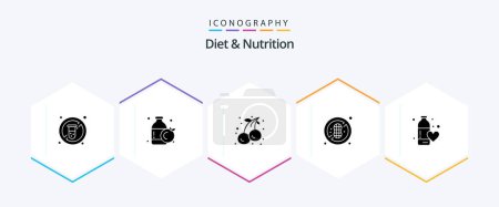 Téléchargez les illustrations : Diet And Nutrition 25 Glyph icon pack including water. fitness health. cherry. diet. healthy - en licence libre de droit