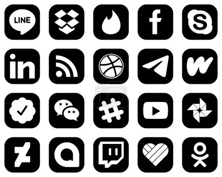 Illustration for 20 Stylish White Social Media Icons on Black Background such as literature. linkedin. messenger and dribbble icons. High-definition and versatile - Royalty Free Image