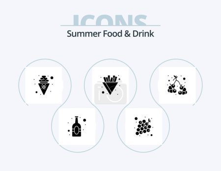 Téléchargez les illustrations : Summer Food and Drink Glyph Icon Pack 5 Icon Design. vegetable. fruits. ice cream. fries. chips - en licence libre de droit