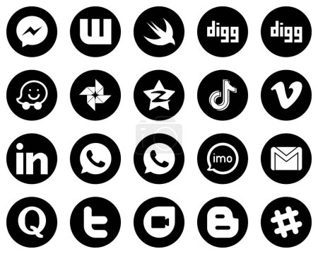 Illustration for 20 Unique White Social Media Icons on Black Background such as video. qzone. china and douyin icons. Elegant and high-resolution - Royalty Free Image