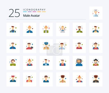 Téléchargez les illustrations : Male Avatar 25 Flat Color icon pack including master. hat. engineer. man. harlequin - en licence libre de droit