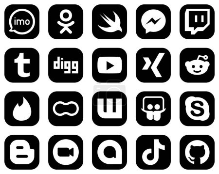 Illustration for 20 Simple White Social Media Icons on Black Background such as peanut. reddit. fb. xing and youtube icons. Minimalist and professional - Royalty Free Image