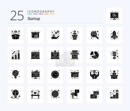 Téléchargez les illustrations : Startup 25 Solid Glyph icon pack including chart. money growth. income. money. flower - en licence libre de droit