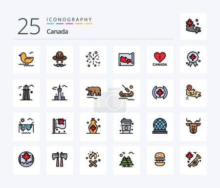 Téléchargez les illustrations : Canada 25 Line Filled icon pack including badge. leaf. fire. canada. love - en licence libre de droit
