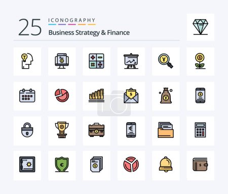 Téléchargez les illustrations : Business Strategy And Finance 25 Line Filled icon pack including yen. graph. ecommerce. display. math - en licence libre de droit