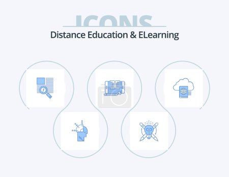 Téléchargez les illustrations : Distance Education And Elearning Blue Icon Pack 5 Icon Design. tranfer. smartphone. file. reading - en licence libre de droit