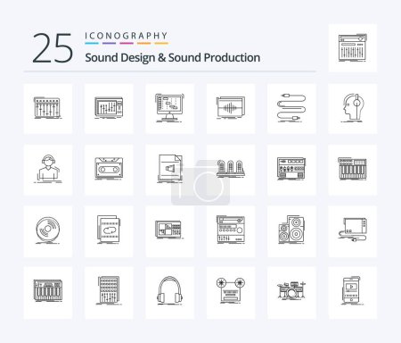 Téléchargez les illustrations : Sound Design And Sound Production 25 Line icon pack including cord. audio. digital. wave. hertz - en licence libre de droit