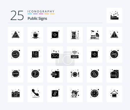 Téléchargez les illustrations : Public Signs 25 Solid Glyph icon pack including public. city park. direction. bench. station - en licence libre de droit