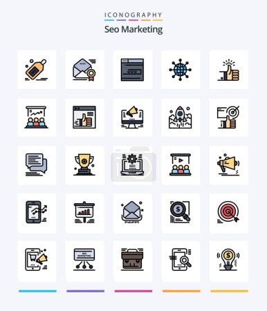 Téléchargez les illustrations : Creative Seo Marketing 25 Line FIlled icon pack  Such As world. connect. offer. www. contact - en licence libre de droit